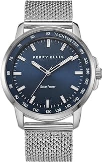 Perry Ellis Solar Powered Mens Watch | Steel Mesh Band | Water-Resistant Analog Wrist Watches for Men | 43mm Case | Aluminum Tachymeter Bezel | Elegant Gift for Man