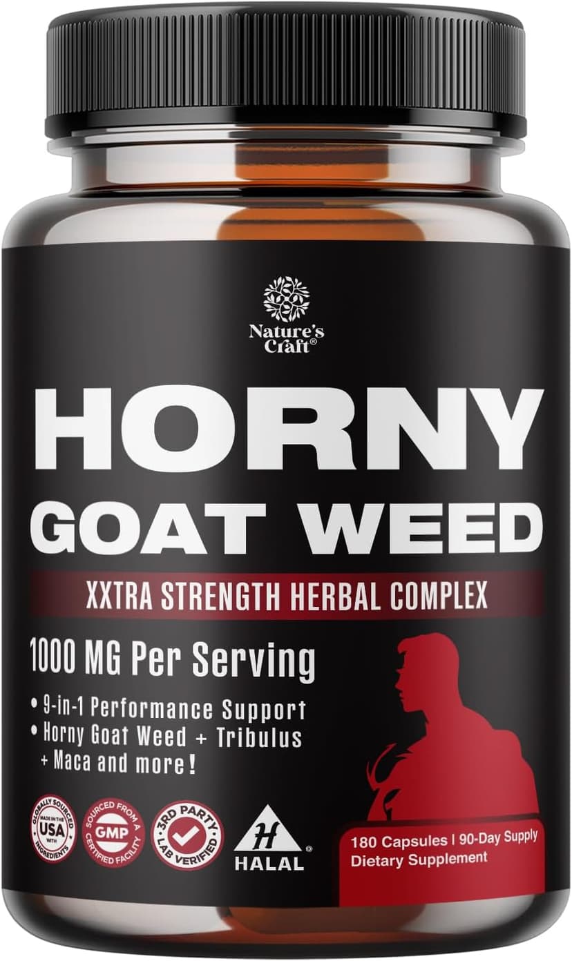 Horny Goat Weed for Men - Extra Strength Male Supplement with Black Maca Root, Tongkat Ali, Saw Palmetto & Panax Ginseng Extract for Stamina & Energy - 180 Capsules