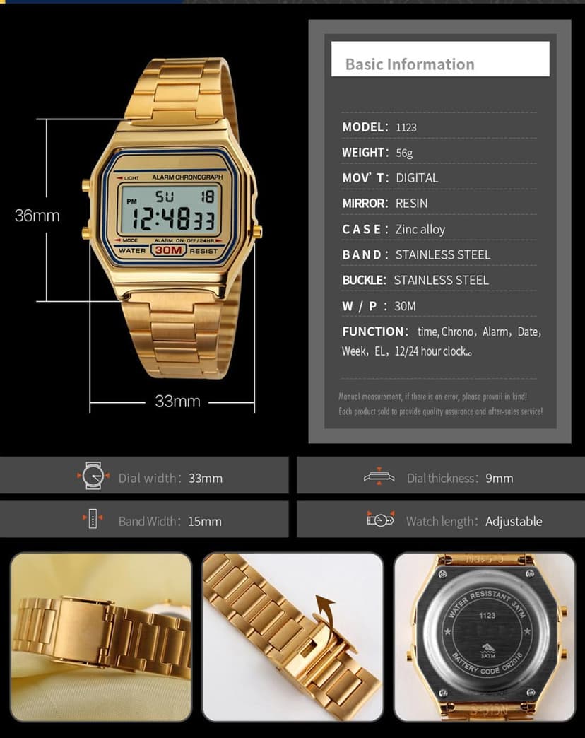 PASOY Men's Digital Gold Stainless Steel Watch Backlit Multifunction Stopwatch Waterproof Sport Watches