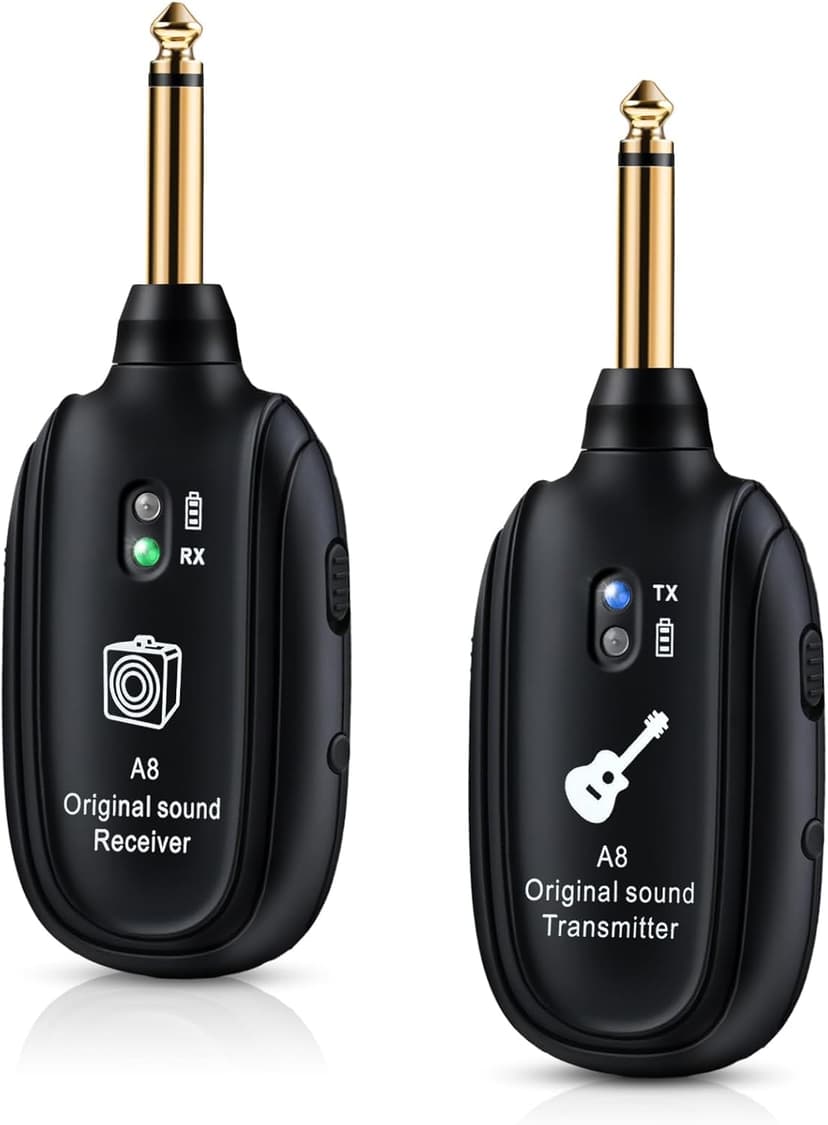 A8 Wireless Guitar Transmitter Receiver System, 2.4GHz Rechargeable, 24-bit/48KHz Audio, Low Latency <4ms for Electric Guitar & Bass, Wireless Audio Transmitter & Receiver (A8(1TX+1RX))