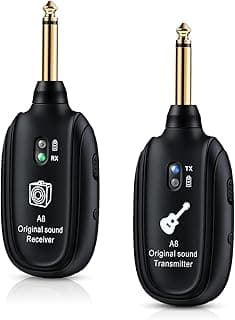 A8 Wireless Guitar Transmitter Receiver System, 2.4GHz Rechargeable, 24-bit/48KHz Audio, Low Latency <4ms for Electric Guitar & Bass, Wireless Audio Transmitter & Receiver (A8(1TX+1RX))