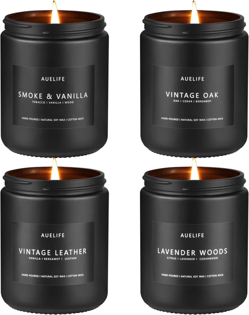 Auelife Scented Candles Set | Men Candle Set, Scented Candles for Home, Gifts for Men Aromatherapy Gift Set - 4 Pack Manly Gifts for Dad Fathers Day, Soy Candle of Leather/Smoke & Vanilla/Oak/Lavender