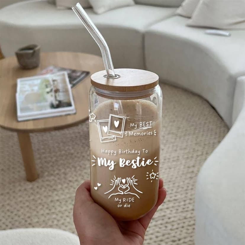 Best Friend Birthday Gifts for Women Friendship - Happy Birthday to My Bestie Glass Cups with Lids and Straws, Funny Presents for Bff Friends Coworkers Unique, Cute Iced Coffee Cup, 16 oz