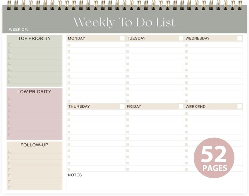 Weekly To Do List Notepad, Undated Planner with 52 Sheets (8.5''x11''), Desk Weekly Planner for Women & Man, Home School & Work