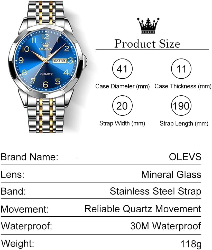 OLEVS Men's Casual Stainless Steel Watch, Big Face Easy to Read Analog Quartz Watch with Day and Date, Classic Waterproof Diamond Roman Arabic Numerals Dial Dress Watch for Men, Gold Silver Black Band