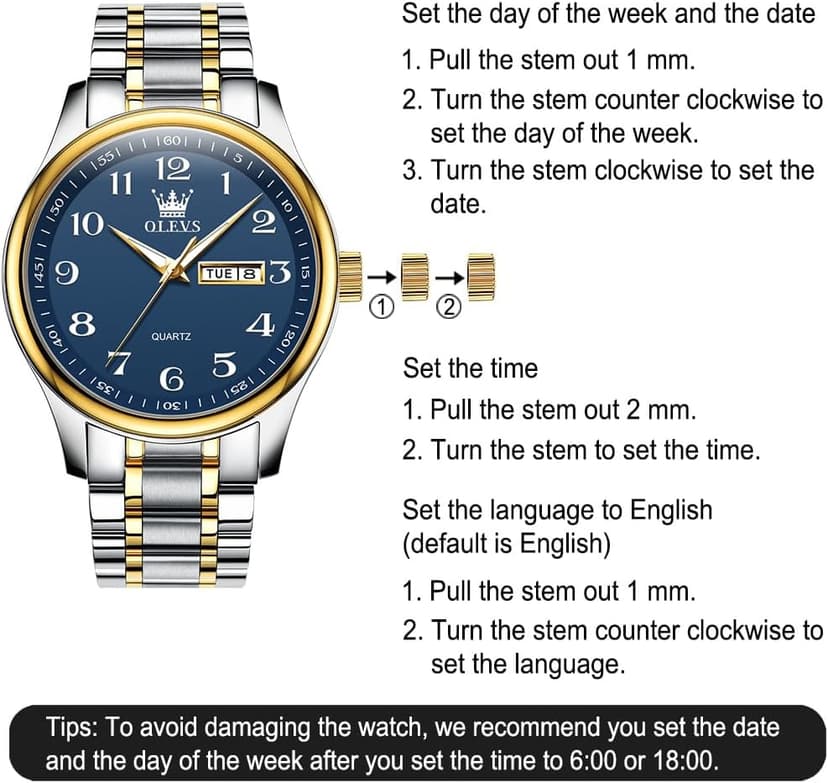 OLEVS Men's Casual Stainless Steel Watch, Big Face Easy to Read Analog Quartz Watch with Day and Date, Classic Waterproof Diamond Roman Arabic Numerals Dial Dress Watch for Men, Gold Silver Black Band