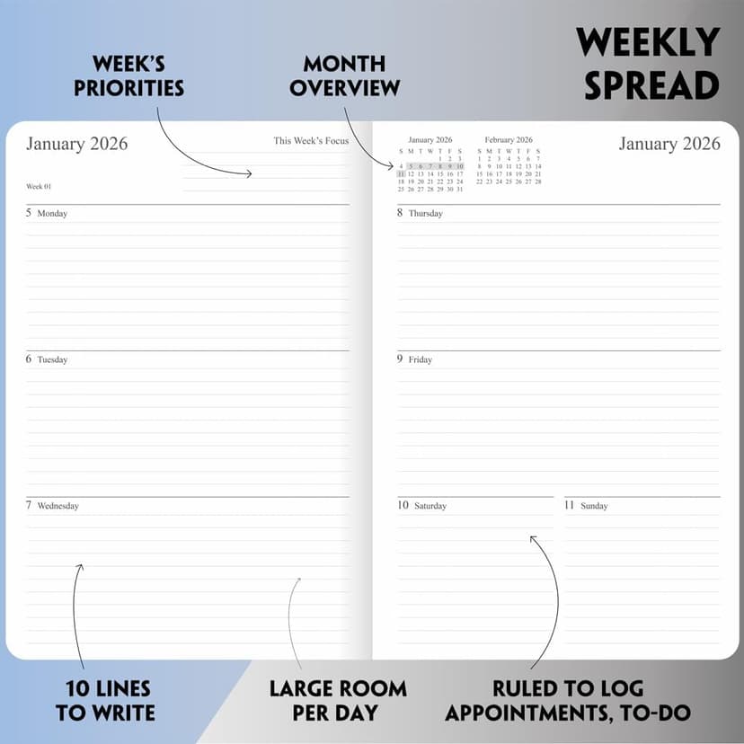 2026 Planner - Weekly and Monthly Planner, Jan 2026 - Dec 2026, Holidays, Contacts and Notes Pages, Vegan Leather Cover, Elastic Closure, 5.5”x8.25”, Grey