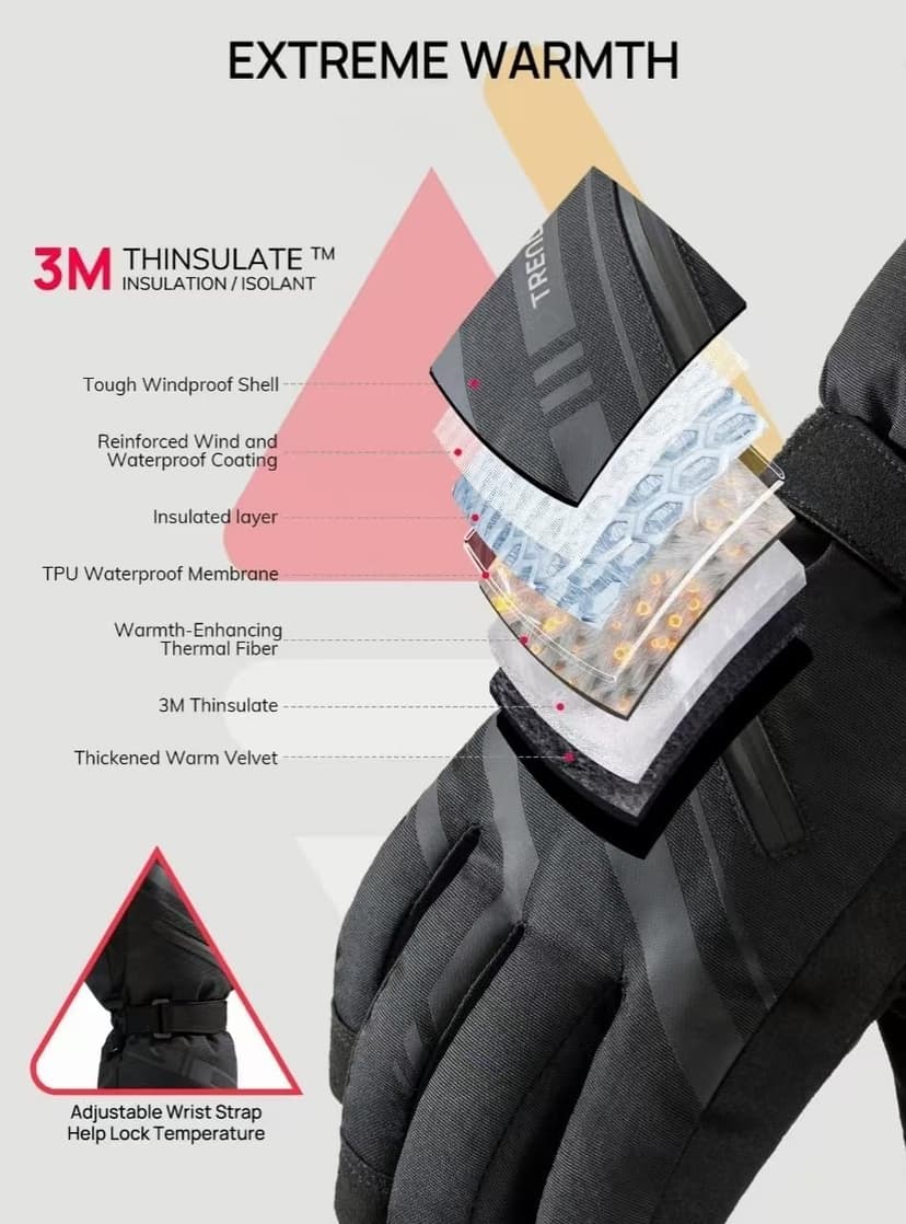 TRENDOUX Winter Ski Snow Gloves : 100% Waterproof 3M Thinsulate -30°F Cold Weather Windproof Warm Lined Gloves for Men Women Insulated Touchscreen Glove with Anti-Slip