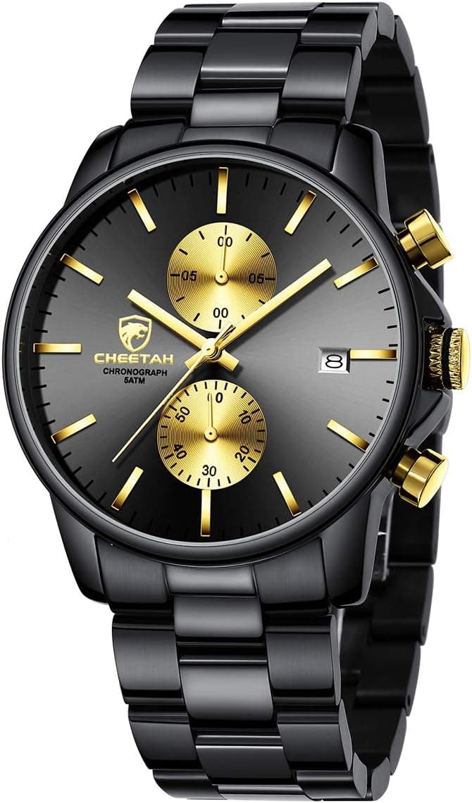 GOLDEN HOUR Fashion Business Mens Watches with Stainless Steel Waterproof Chronograph Quartz Watch for Men, Auto Date