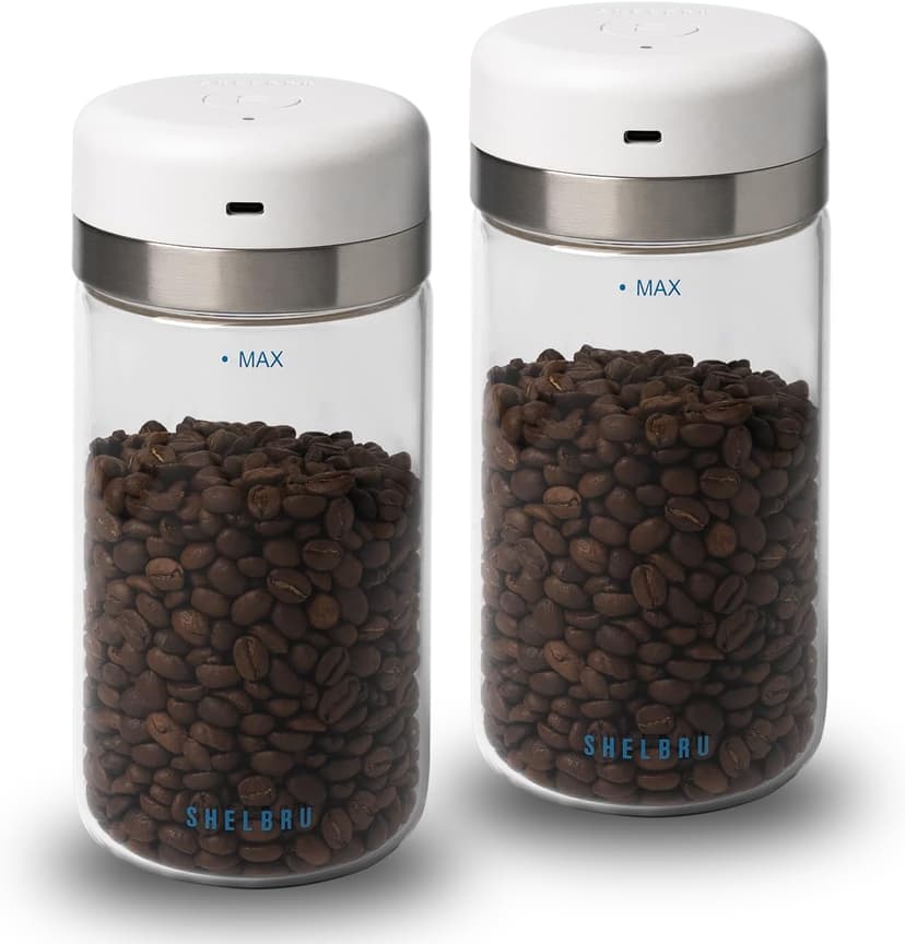 SHELBRU Smart Coffee Container & Food Storage w/Electric Vacuum Seal, Airtight Coffee Canister for Whole & Ground Bean Storage, Durable Borosilicate Glass Jar, Charging Cable Included, 10.5oz / 250g