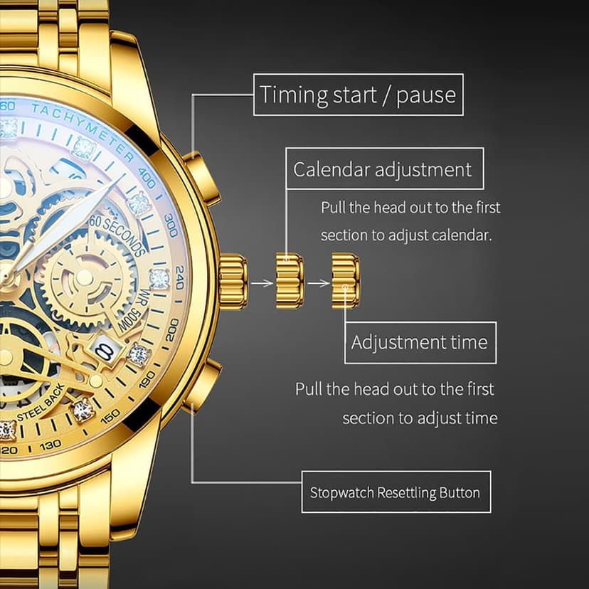 NEKTOM Watches for Men with Stainless Steel, Quartz Analog Watch with Date, Luxury Minimalist Dress Mens Watches, Chronograph Watch, 3ATM Waterproof, Black Wristwatch, Gifts for Men