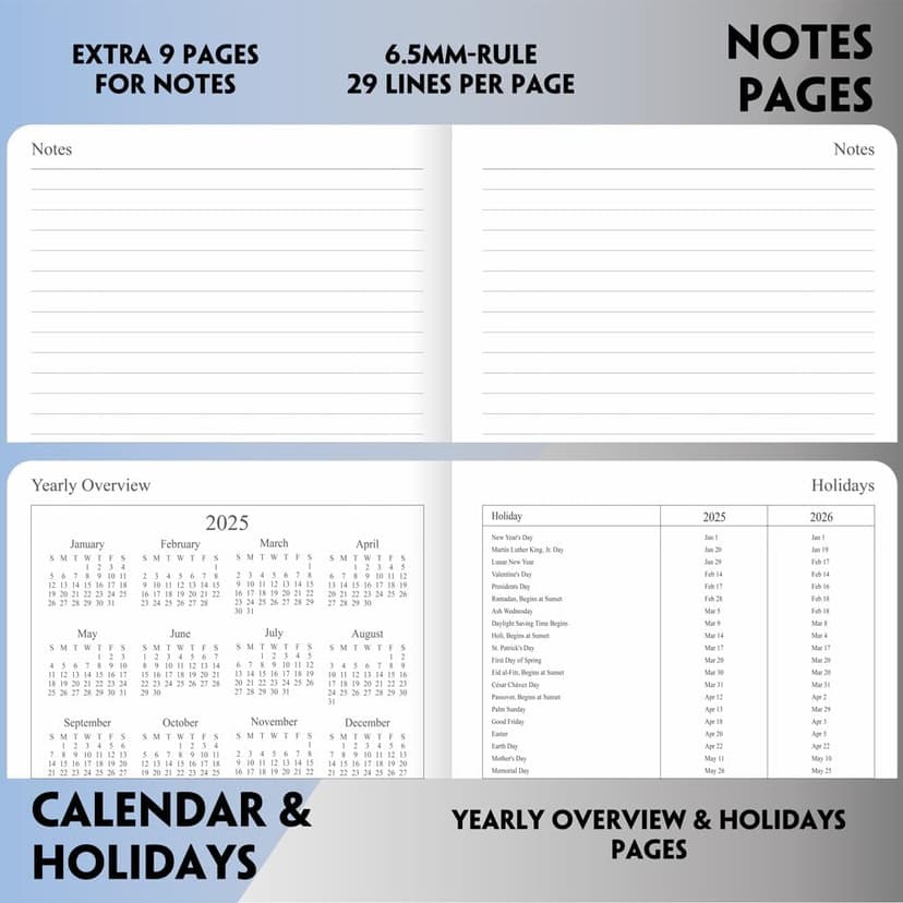 2026 Planner - Weekly and Monthly Planner, Jan 2026 - Dec 2026, Holidays, Contacts and Notes Pages, Vegan Leather Cover, Elastic Closure, 5.5”x8.25”, Grey