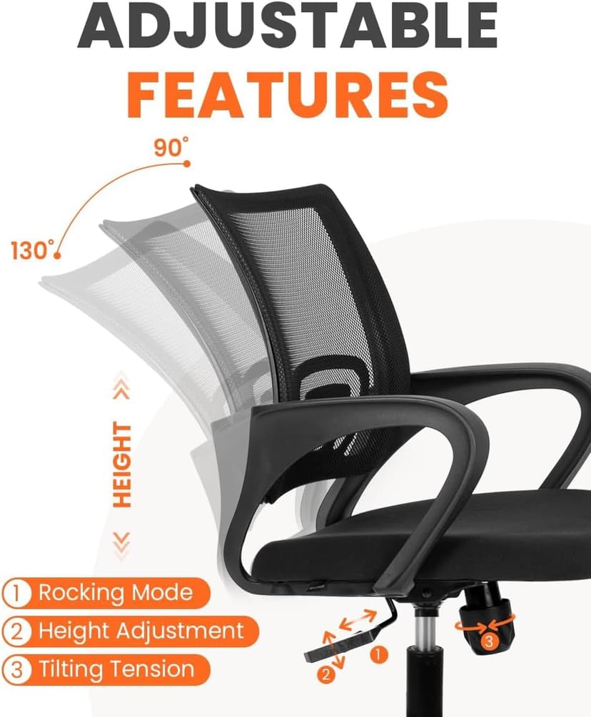 NEO CHAIR Office Desk Computer Chair Ergonomic Mesh Gaming Mid Back Seat with Comfy Lumbar Support Adjustable Height Swivel for Home Task (Black)
