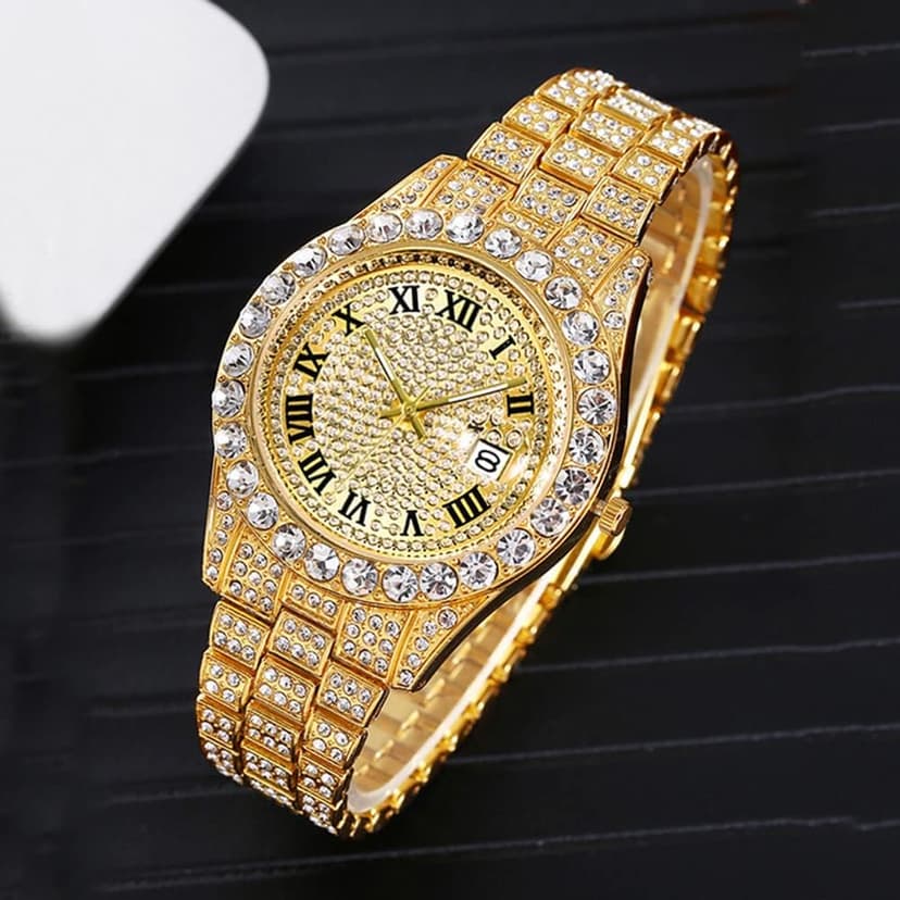 HUNRUY Hip Hop Watches for Men Iced-Out Bling Diamond Luxury Quartz Watches with Date