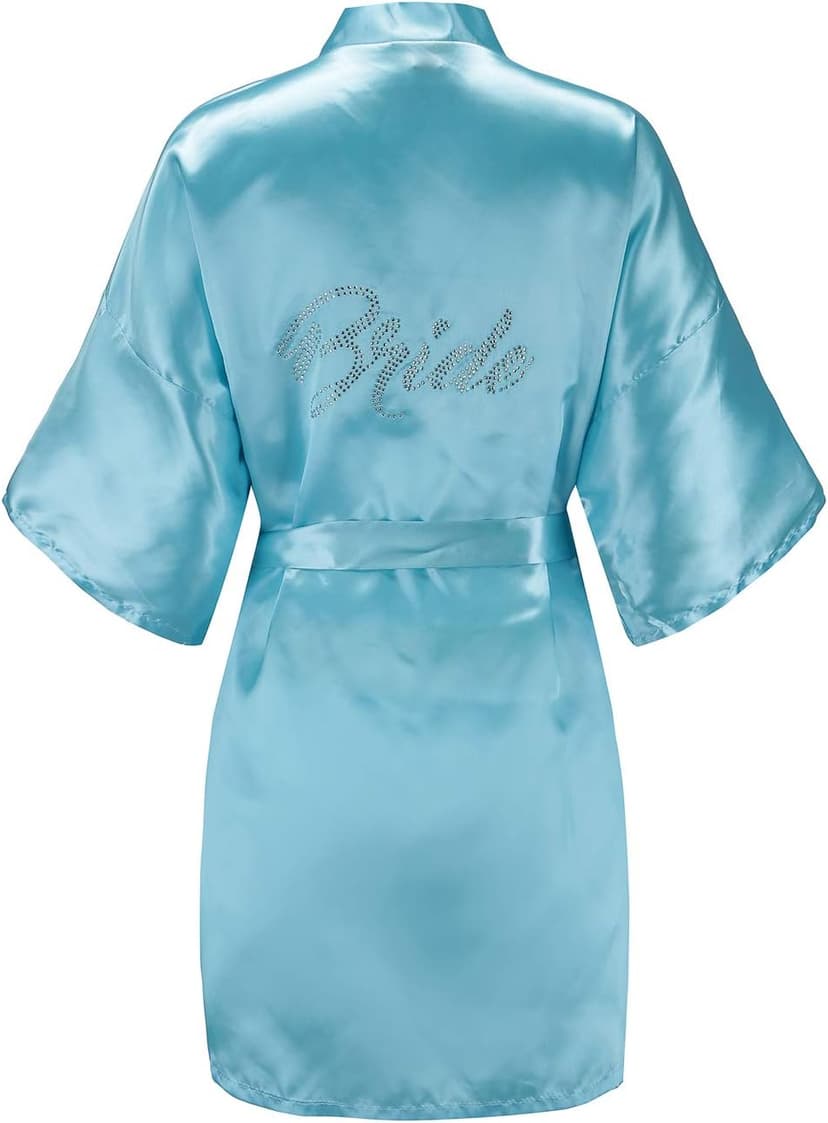EPLAZA Women's One Size Silver Rhinestones Bride Bridesmaid Short Satin Robes for Wedding Party Getting Ready