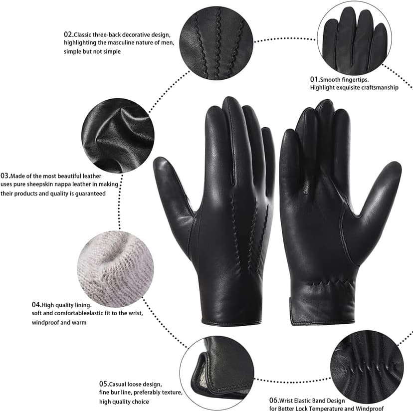 Harssidanzar Leather Gloves for Men,Winter Sheepskin Driving Gloves Cashmere Lined