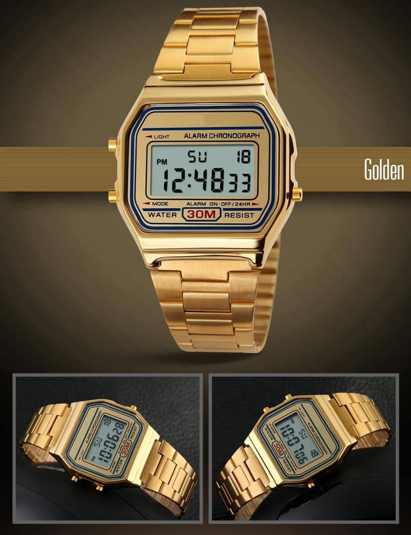 PASOY Men's Digital Gold Stainless Steel Watch Backlit Multifunction Stopwatch Waterproof Sport Watches