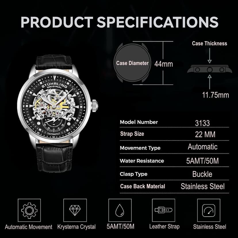 Stuhrling Original Mens Skeleton Automatic Dress Watch with Alligator Embossed Leather Strap Skeleton Dial