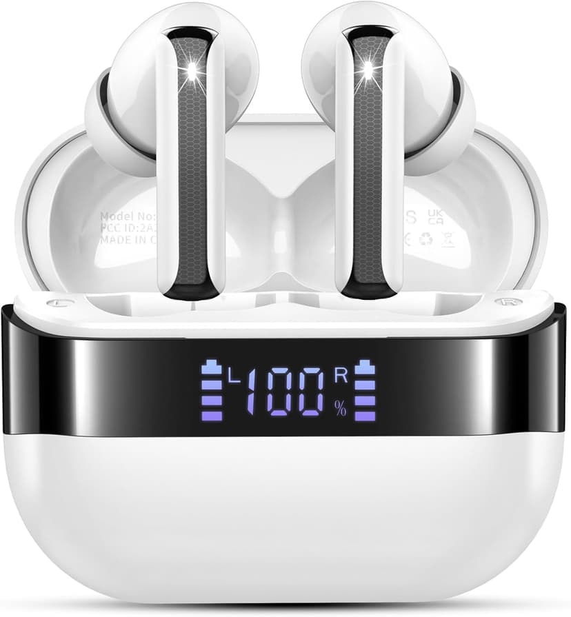 Wireless Earbuds, 2025 Bluetooth 5.4 Headphones Bass Stereo, Ear Buds with 4 Mics ENC Noise Cancelling, Bluetooth Earbuds 48H Playtime LED Display Charging Case, IP7 Waterproof in Ear Earphones white