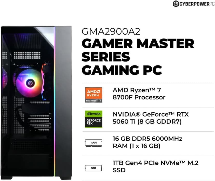 CyberPowerPC Gamer Master Gaming PC, AMD Ryzen 7 8700F 4.1GHz, GeForce RTX 5060 Ti 8GB, 16GB DDR5, 1TB PCIe 4.0 SSD, WiFi Ready & Windows 11 Home (GMA2900A2)