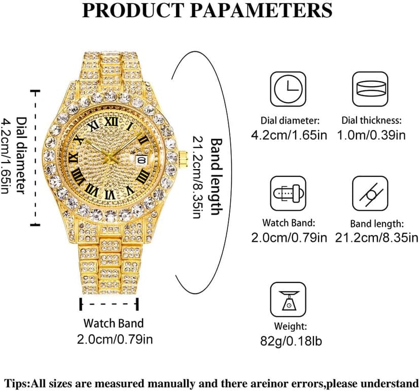 HUNRUY Hip Hop Watches for Men Iced-Out Bling Diamond Luxury Quartz Watches with Date