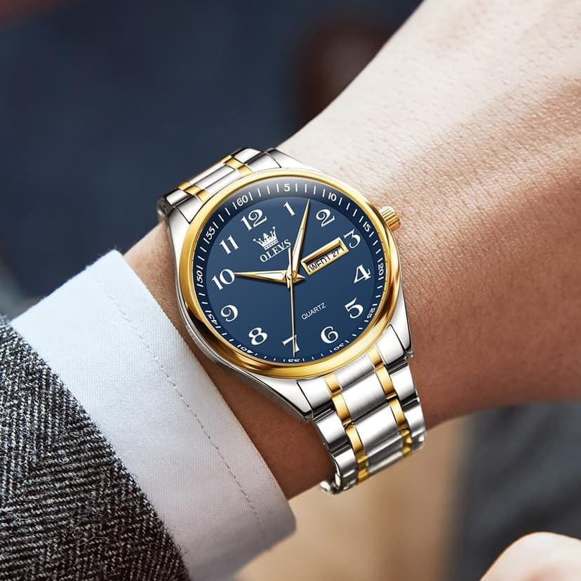 OLEVS Men's Casual Stainless Steel Watch, Big Face Easy to Read Analog Quartz Watch with Day and Date, Classic Waterproof Diamond Roman Arabic Numerals Dial Dress Watch for Men, Gold Silver Black Band