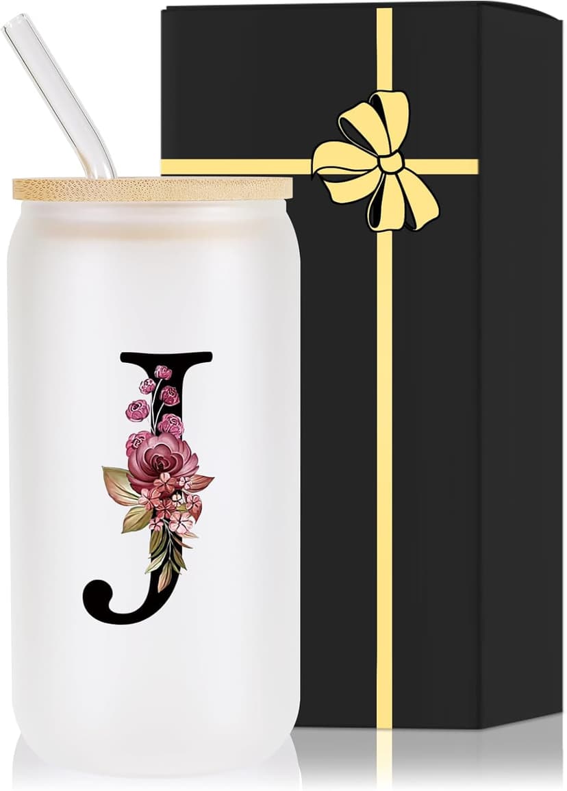 Monogrammed Glass Drinking Cup With Lid Straw Women Her Sister Mom Girlfriend Aunt Best Friend Friendship Grandma Bestie Wife Daughter Law Lady Happy Birthday Gifts Cool Funny Meaningful Unique Cute,J