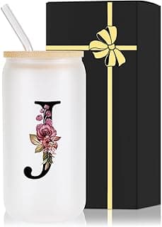 Monogrammed Glass Drinking Cup With Lid Straw Women Her Sister Mom Girlfriend Aunt Best Friend Friendship Grandma Bestie Wife Daughter Law Lady Happy Birthday Gifts Cool Funny Meaningful Unique Cute,J
