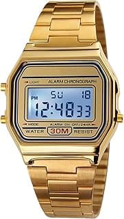 PASOY Men's Digital Gold Stainless Steel Watch Backlit Multifunction Stopwatch Waterproof Sport Watches
