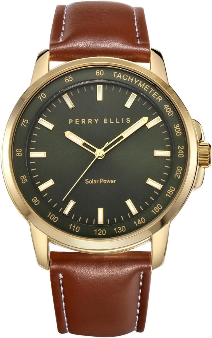 Perry Ellis Solar Powered Mens Watch | Vegan Leather Water-Resistant Analog Wrist Watches for Men | 43mm Case | Aluminum Tachymeter Bezel | Elegant Gift for Man