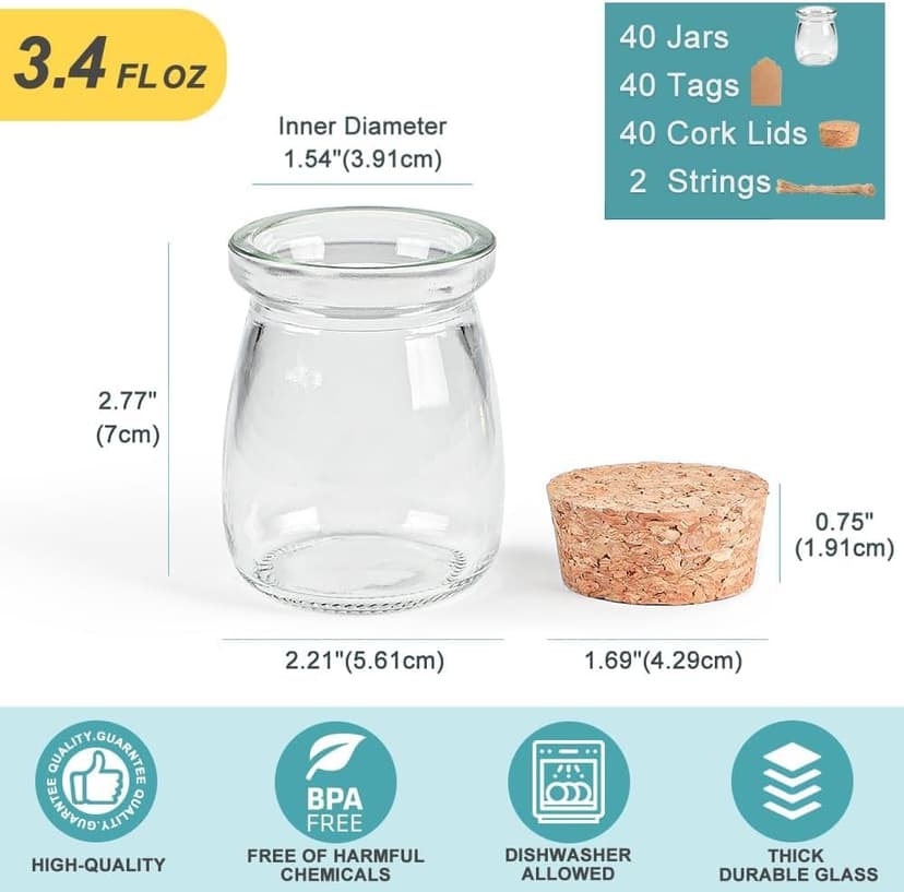 40 Pack Glass Favor Jars with Cork Lid, 3.4 oz Small Glass Bottles for Wedding Favor, Baby Shower, Party Favor, Gift Jars for Candy, Bonus Twine and Labels