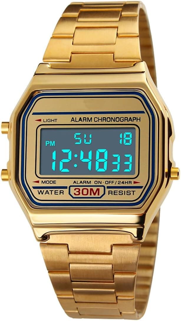 PASOY Men's Digital Gold Stainless Steel Watch Backlit Multifunction Stopwatch Waterproof Sport Watches