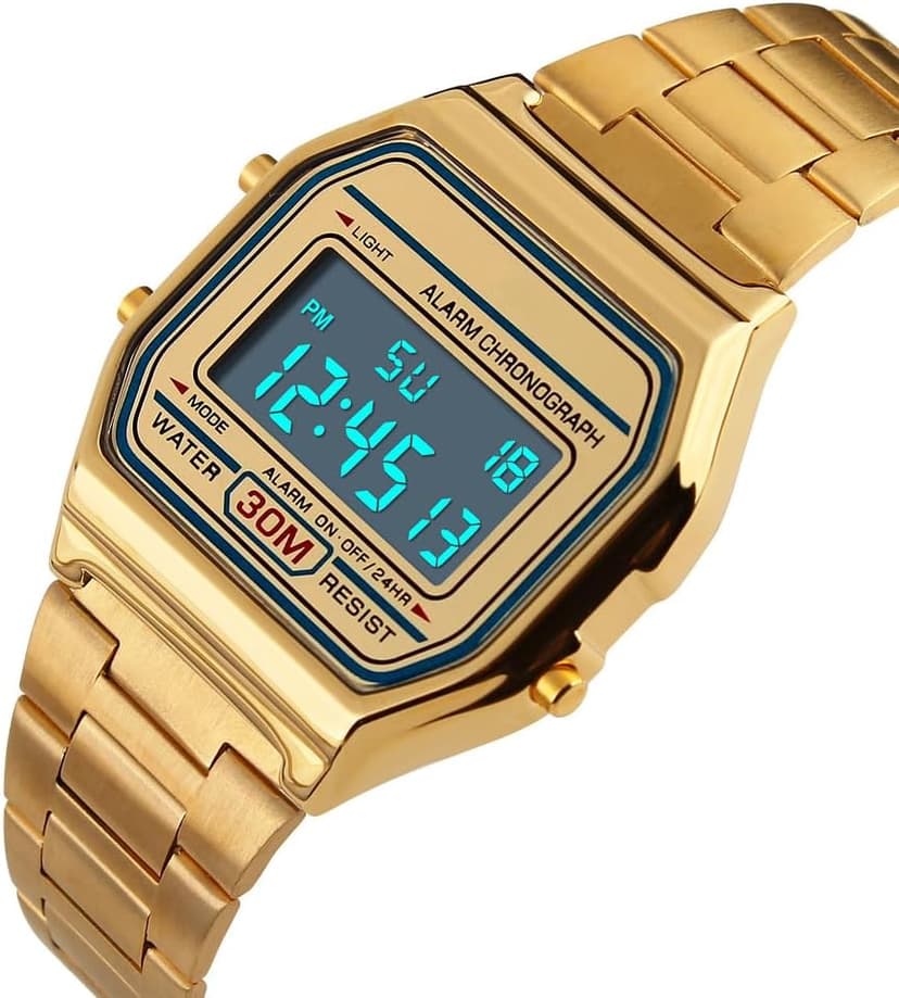 PASOY Men's Digital Gold Stainless Steel Watch Backlit Multifunction Stopwatch Waterproof Sport Watches