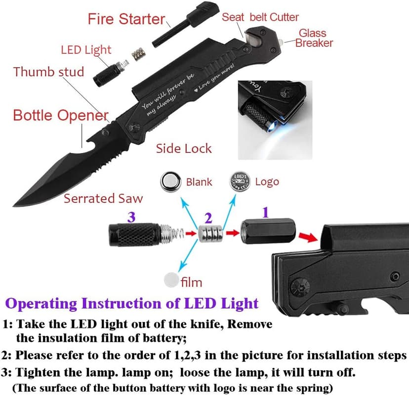 Husband Birthday Present, Pocket Knife with 6 Functions, LED Light,Fire Starter,Bottle Opener,Seat Belt Cutter,Glass Breaker, Anniversary Present for Men, Boyfriend, Father's Day