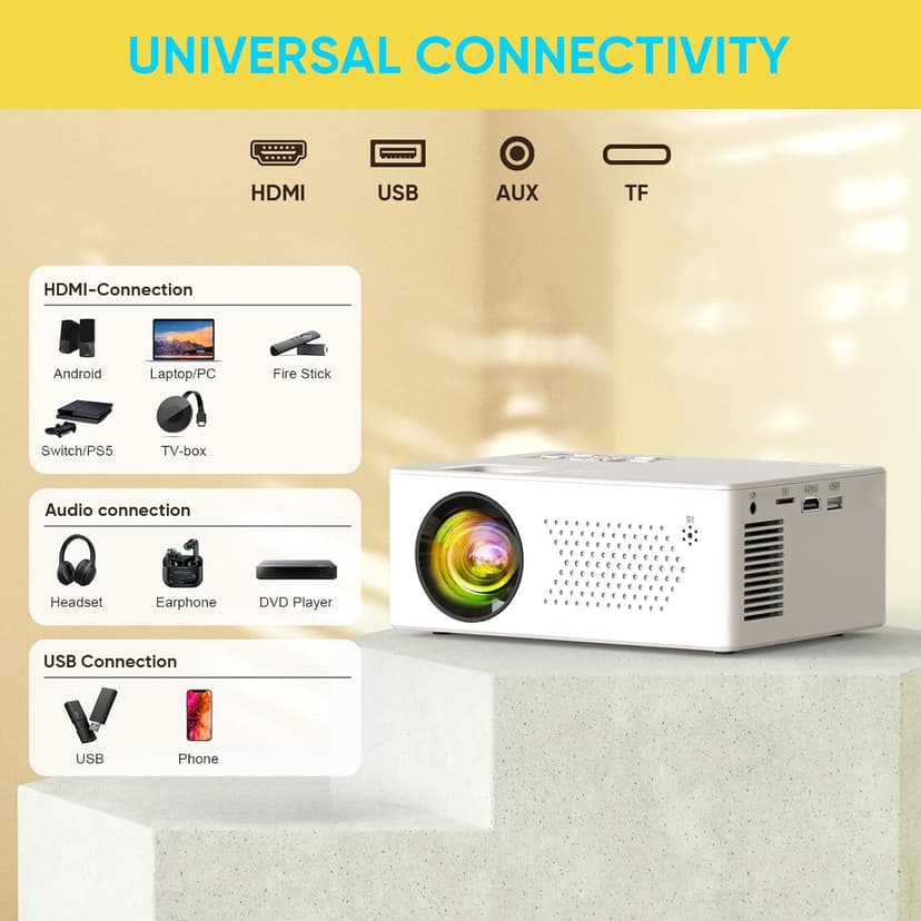 Mini Bluetooth Projector, Full HD 1080P Supported Portable Outdoor Movie Projector for iOS, Android, Windows, Compatible with TV Stick/HDMI/Smartphone/PS4/USB [Remote Included]