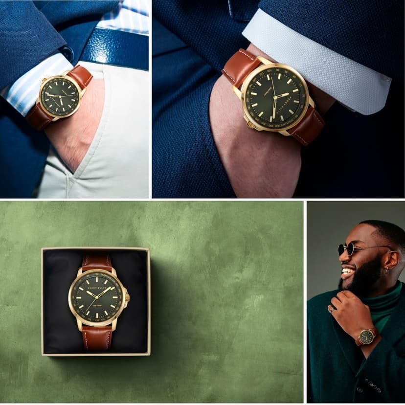 Perry Ellis Solar Powered Mens Watch | Vegan Leather Water-Resistant Analog Wrist Watches for Men | 43mm Case | Aluminum Tachymeter Bezel | Elegant Gift for Man