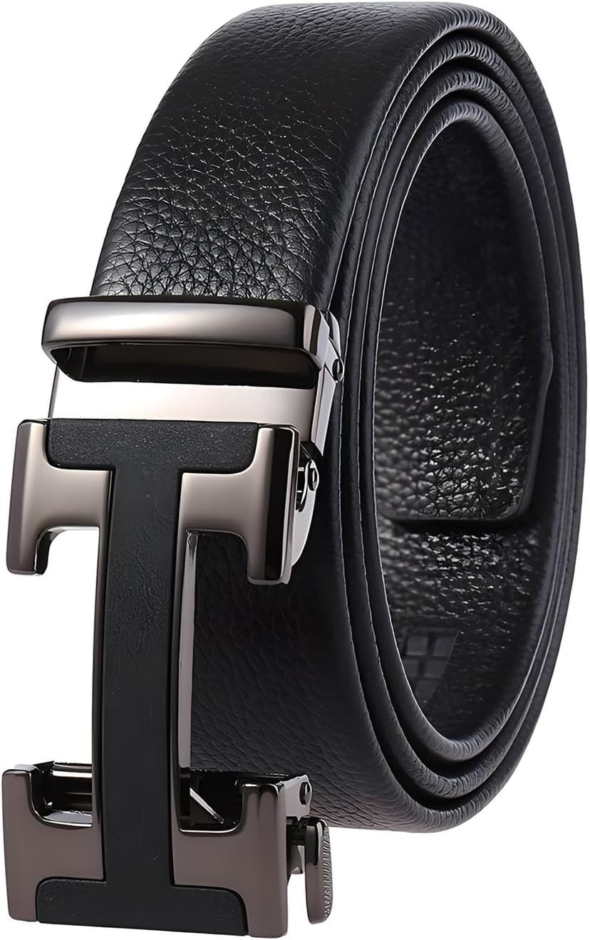 VJK Men's Leather Belt Ratchet Belt Dress with Premium Leather Slide Belt with Easier Adjustable Automatic Buckle Casual Accessories for Every Occasion (49in)