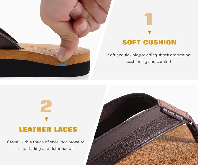 KuaiLu Men's Yoga Mat Leather Flip Flops with Arch Support Comfortable Cushion Walking Thong Sandals Slip On Indoor Outdoor