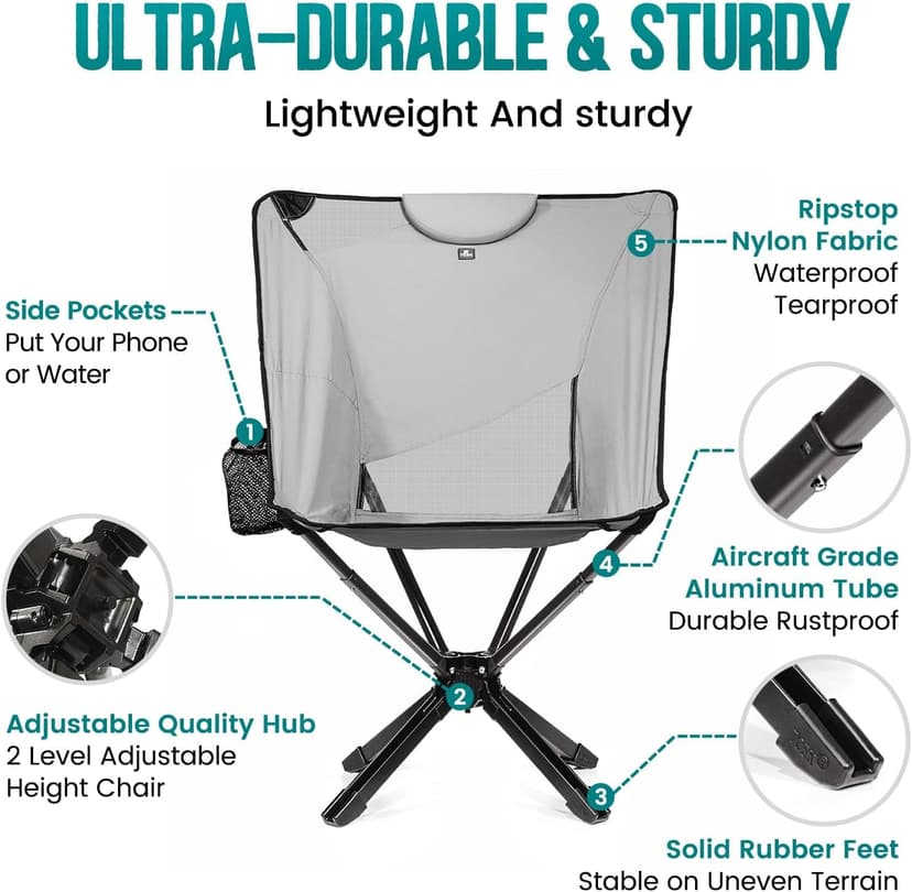 TCEK TCEK Portable High Back Camping Chair with Adjustable Height, Small Compact Outdoor Folding Chair for Adults Travel, Riselite Collapsible Lightweight Packable Camp Chairs, Easy Carry and Quick Setup