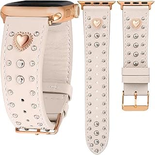 Wearlizer Leather Band Compatible with Apple Watch Bands Women 42/46/38/40/41/44/45/49mm, Dressy Fancy Designer Pretty Heart Charms Studded Strap for iWatch Series 11 10 9 8 7 6 5 4 SE/Ultra 3 2 1