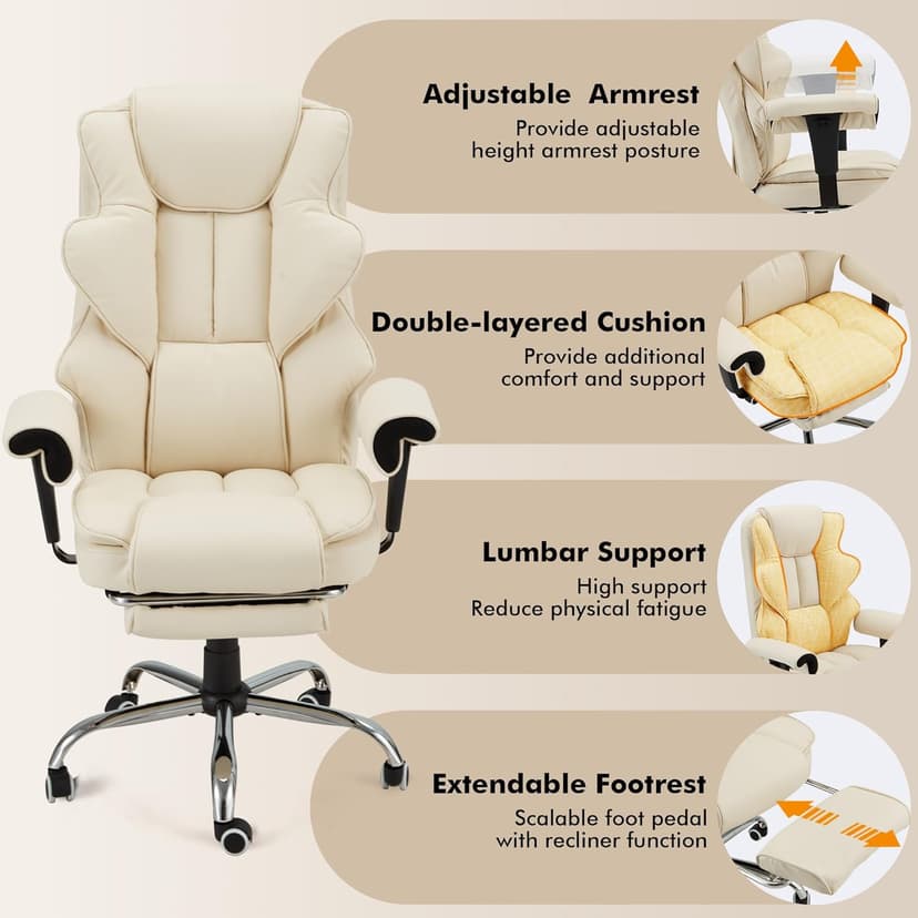 HOMREST 6-Point Massage Executive Chair,Heat Office Chair,Ergonomic Home Office Desk Chairs with Retractable Footrest and Reclining Function,Leather Computer Chair with Adjustable Armrest(‌Off White)