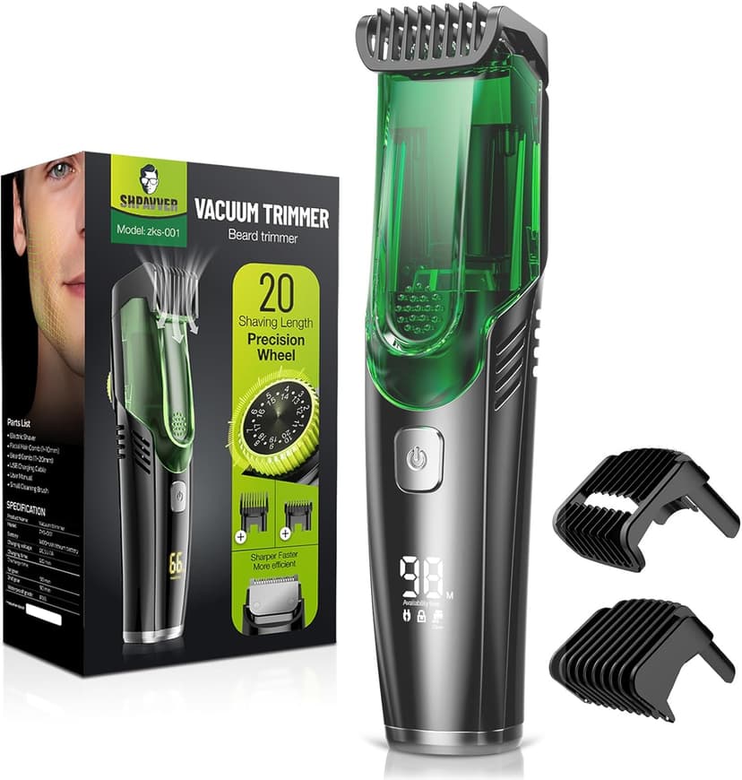 SHPAVVER Beard Trimmer for Men: Vacuum Trimmer for Less Mess -IPX7 Waterproof- Rechargeable Electric Beard Cutting Kit with Adjustable Length Comb-Built-in Vacuum for Mustache -Gift for Men
