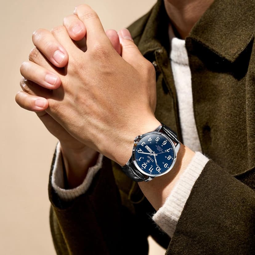 Taxau Men's Watches Leather Band Stainless Steel Quartz Analog Watch Luxury Waterproof Watches for Men Dress Men's Wrist Watch with Day Date Arabic Numeral Relojes para Hombre