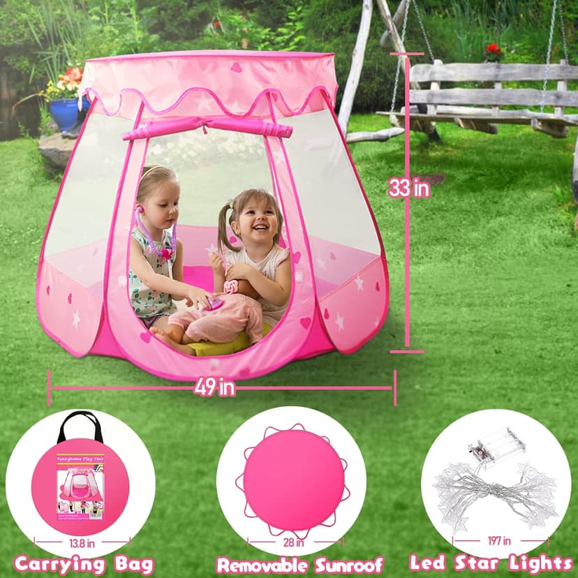 Pop Up Princess Tent with Star Light, Toys for 1 2 3 Year Old Girl Birthday Gift, Ball Pit for 12-18 Months Baby Girl Toys, Toddler Gift, Easy to Pop Up and Assemble(Pink)