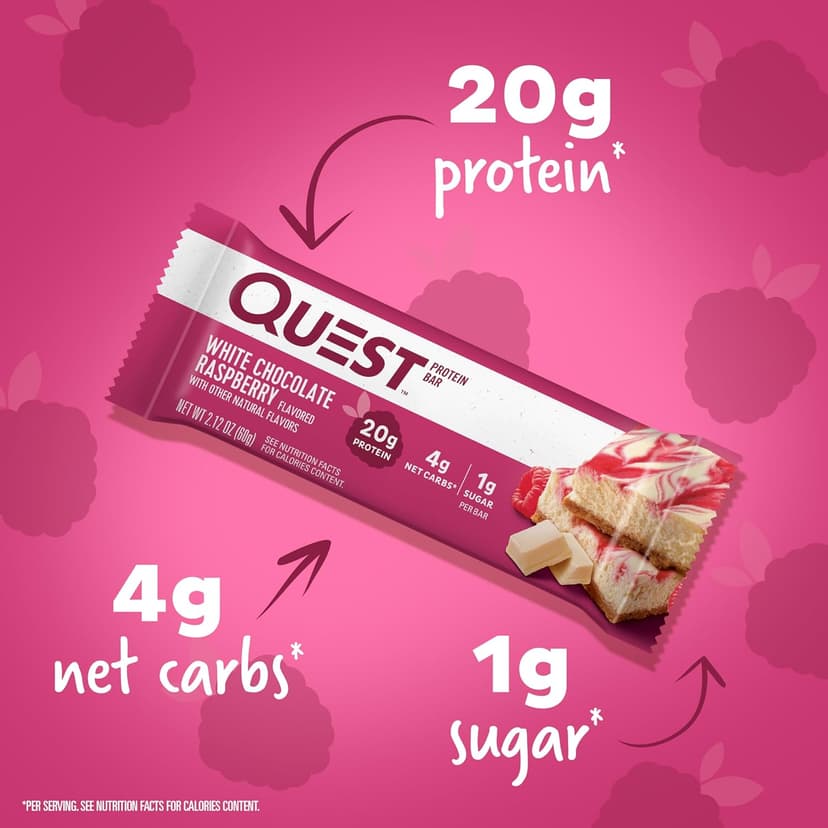 Quest Nutrition White Chocolate Raspberry Protein Bars, 20g Protein, 1g Sugar, 5g Net Carb, High Fiber, Gluten Free, Keto Friendly, 12 Count