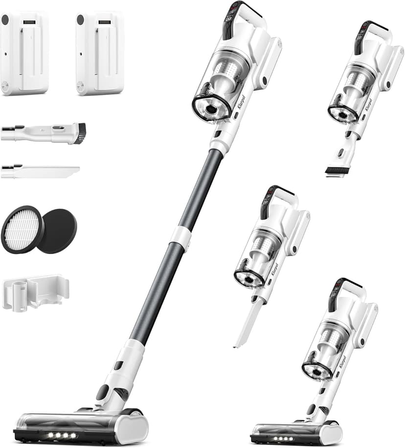 Klarpul Cordless Vacuum Cleaner, 2 Batteries 140 Mins Runtime 600W 50Kpa Stick Vacuum Cordless, Self-Standing Vacuum Cleaners for Home with 2.5H Fast Charging, for Floor/Carpet/Pet Hair, White