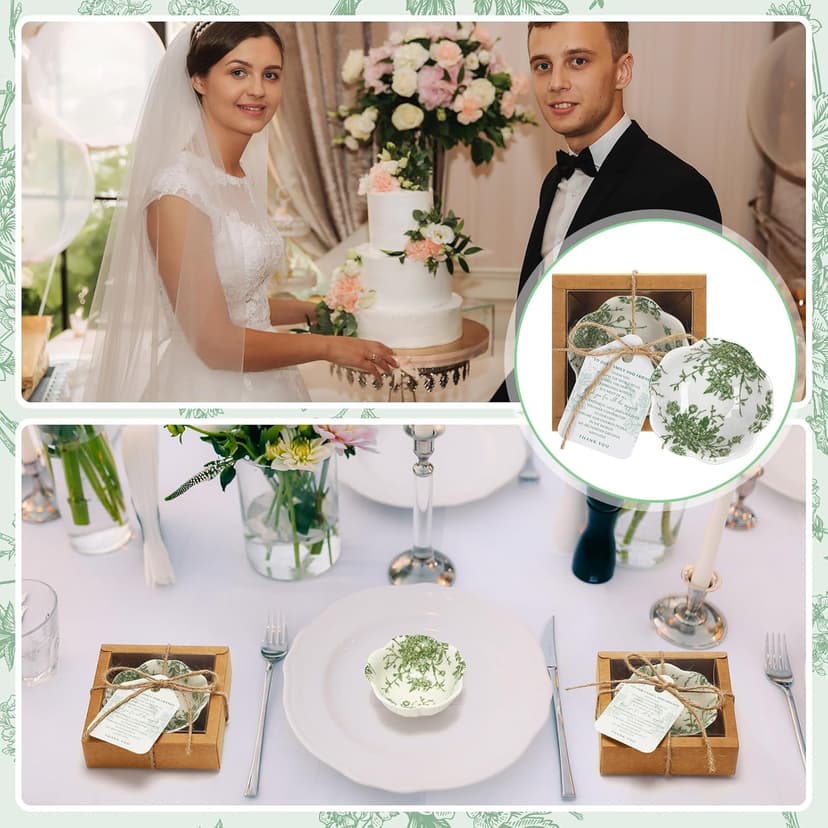 40 Pack Wedding Favors for Guests Small Ceramic Bowls Bulk Gifts Set 3.3 Inch Green Verdure Design Mini Dipping Bowl Sauce Dish with Cards Box for Party Shower Favor Souvenir