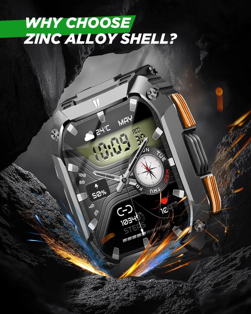 FOSMET Smart Watches for Men, 1.95'' Fitness Watch: Waterproof Military Smart Watch with 100 Days Battery Life/Call/Flashlight/Sleep/SpO2/Heart Rate Monitor/Step Tracker, Sport Smartwatch for Android iPhone