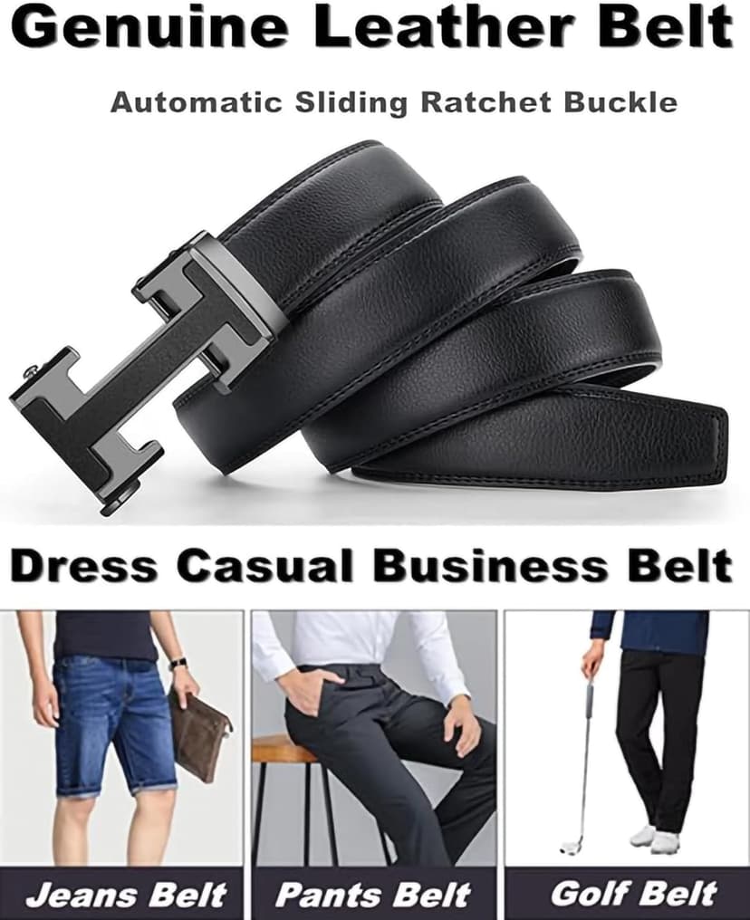 VJK Men's Leather Belt Ratchet Belt Dress with Premium Leather Slide Belt with Easier Adjustable Automatic Buckle Casual Accessories for Every Occasion (49in)