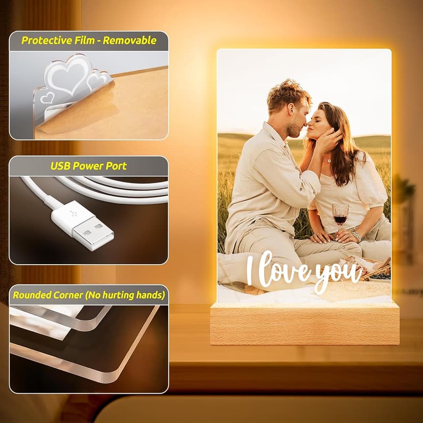 Personalized Picture Frame with Photo, Custom Photo Frame with Night Light, Customized Couple Picture Frame, Personalized Anniversary Birthday Gifts for Women Men Her Him Boyfriend Girlfriend